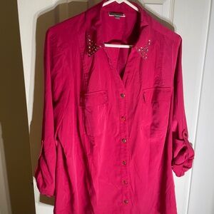 JM Collections Pink Roll Tab Sleeves 16W Blouse Tunic Studded Office Casual
